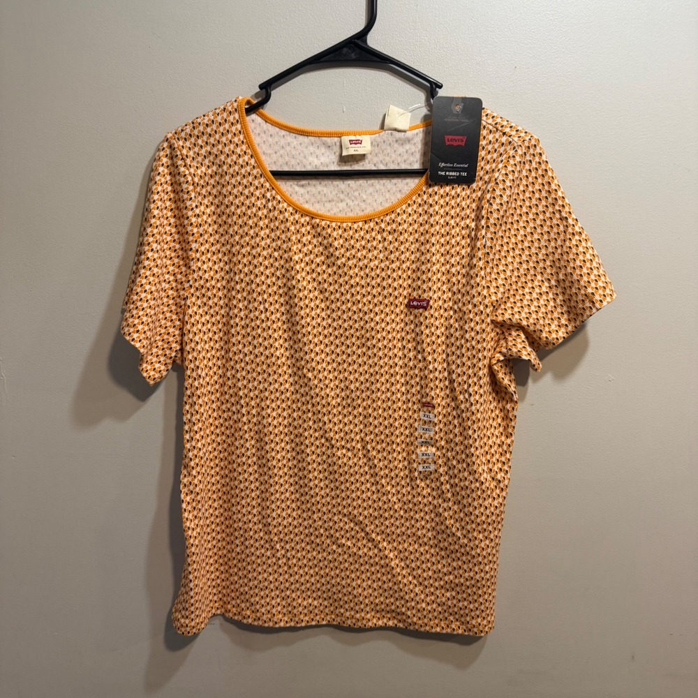 Levis Womens The Ribbed Tee Orange Diamond Print Scoop Slim Fit XXL runs small